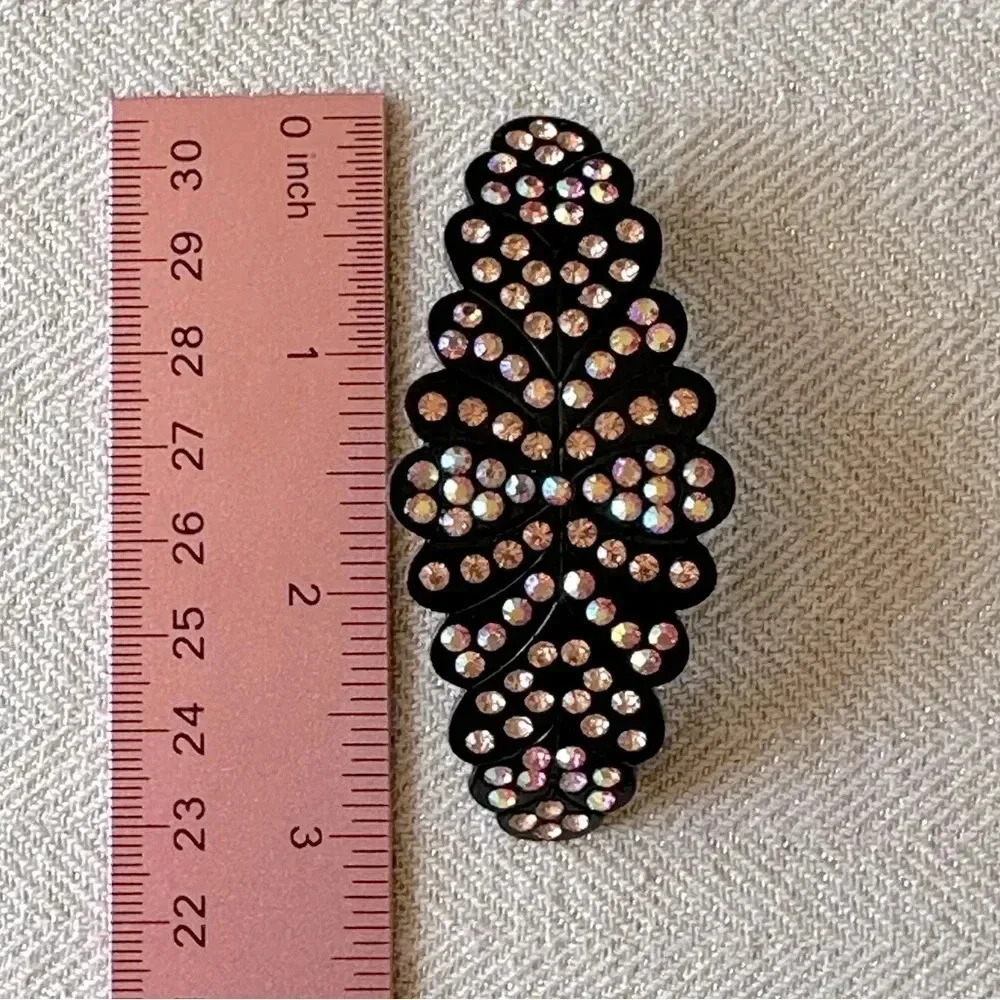 Peach and Aurora Borealis Crystals set in Black Hematite Hair Barrette - Picture 5 of 6